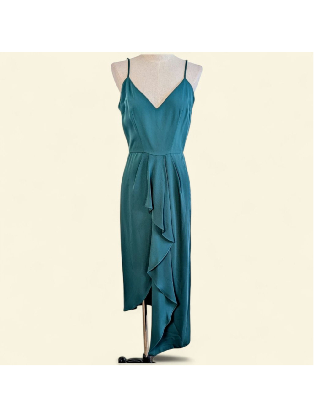 Gianni Bini Emerald Green Asymmetrical Ruffle Midi Dress Slip Strappy Size 8 - Picture 2 of 12